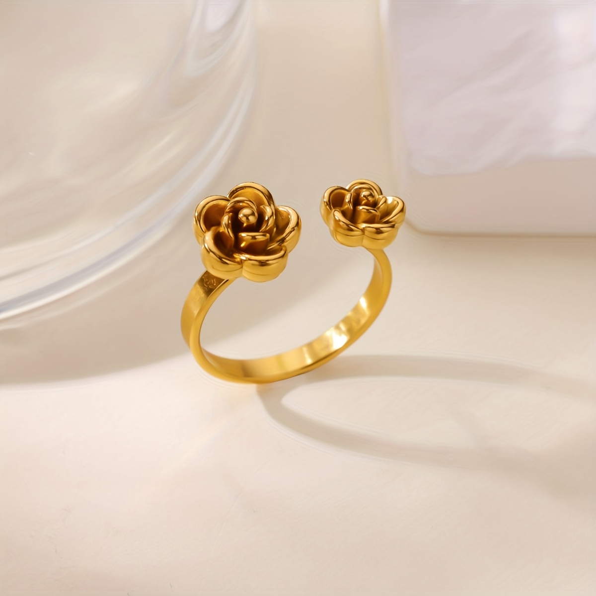 Stainless Steel Rose Flower Open Ring, Classic French Style